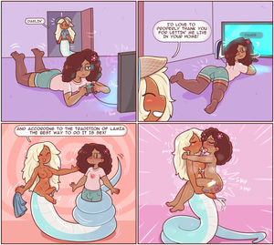 1futa anal anal_sex genitalia penis balls big_breasts blonde_hair blush breasts brown_hair clothed clothed_female clothing coi