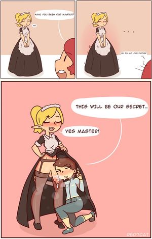 1futa balls blonde_hair blowjob blush brown_hair clothed clothing comic cum cum_drip dialogue digital_media_(artwork) dress duo elf english_