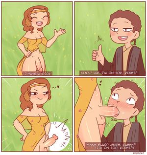 1futa anakin_skywalker attack_of_the_clones balls big_breasts big_penis blowjob blush bottomless breasts brown_hair cleavage clothed clothin