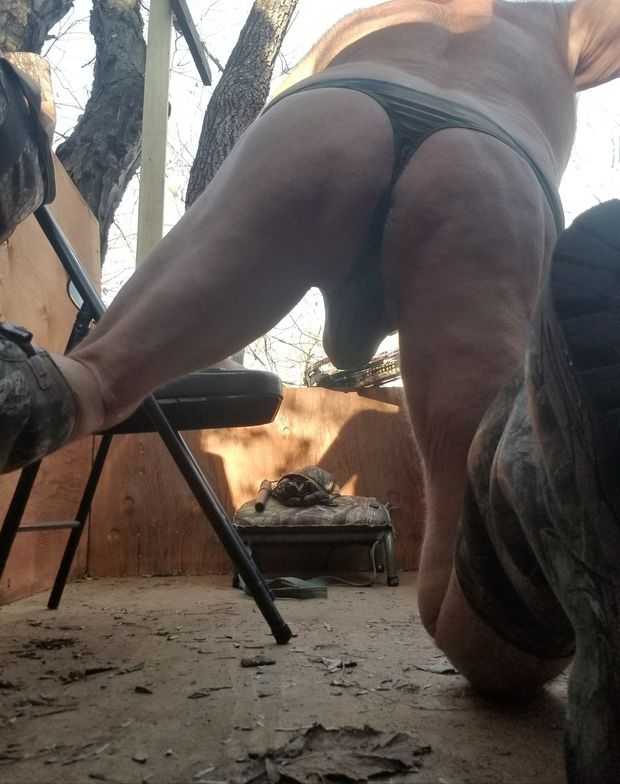 Hunting stand thong ass and sack play