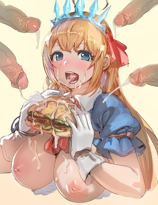 blonde_hair blue_eyes blush bow_(bhp) breasts bukkake collared_shirt cropped_torso crown cum cum_in_mouth cum_on_food cum_on_tongue ejaculat