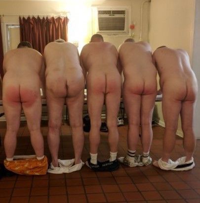 Husband and friends with pants down ready for spanking
