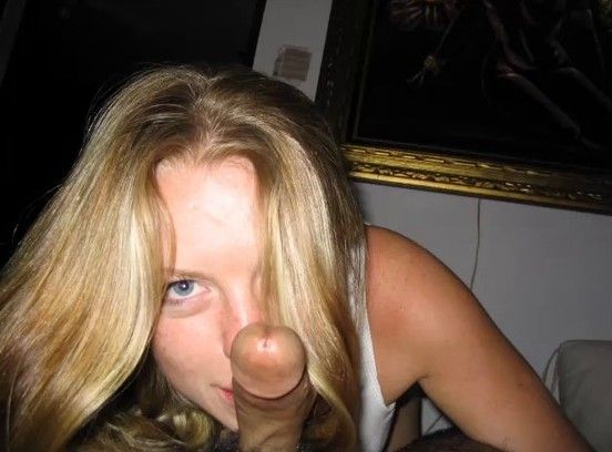 Amateur blond looking up to suck an average sized dick