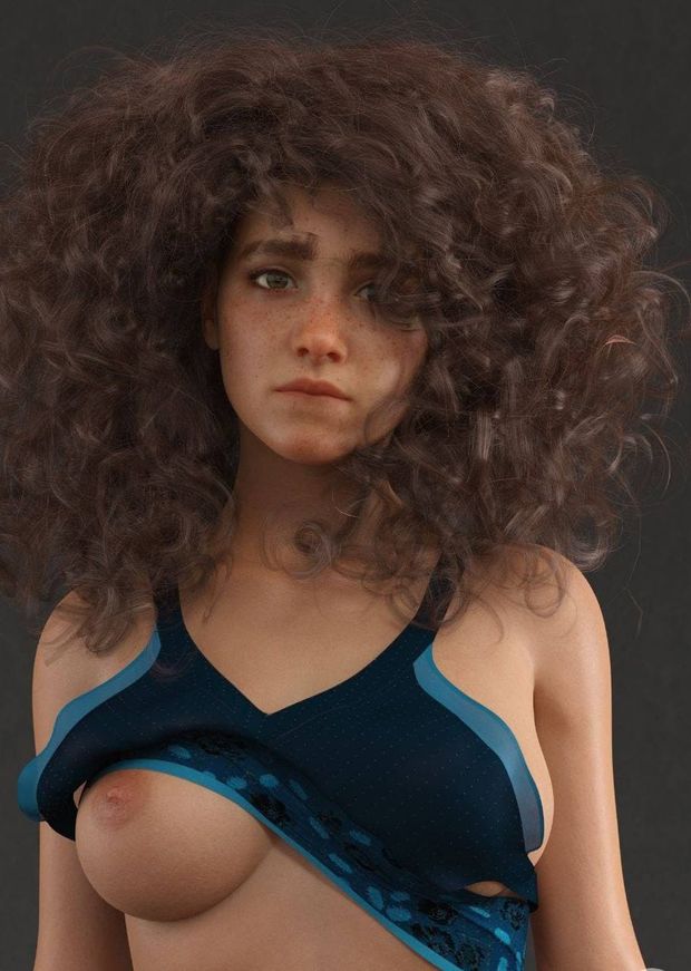 Gorgeous babe with curls show her tits
