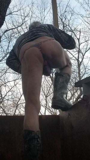 Thong bulging in hunting blind lets have fun