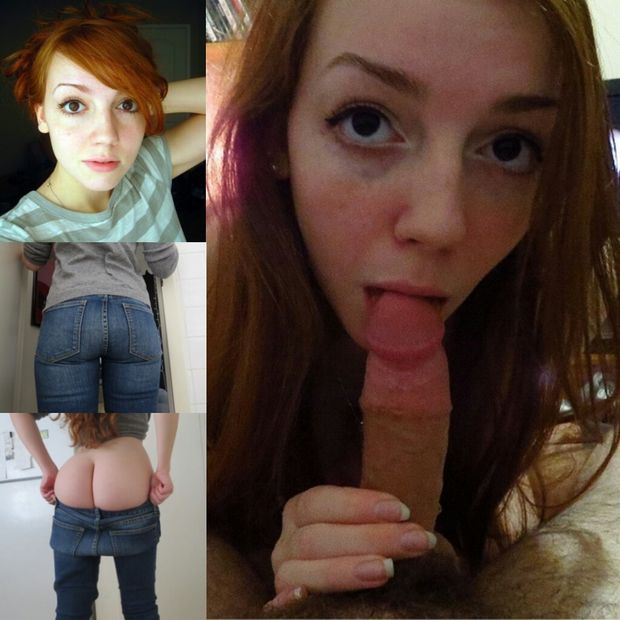 cute redhead showing ass and sucking cock
