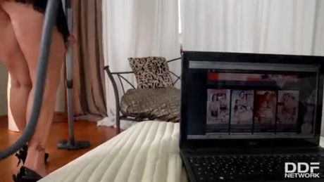 Watch voluptuous maid Laura Orsolya ride that big fat cock with her asshole