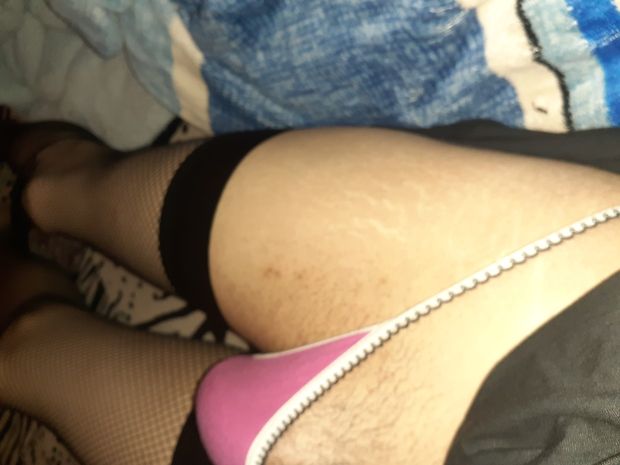 Sissy pink thong n black stocks