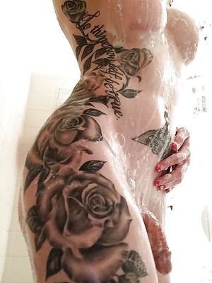 Tats tits + cock in the shower