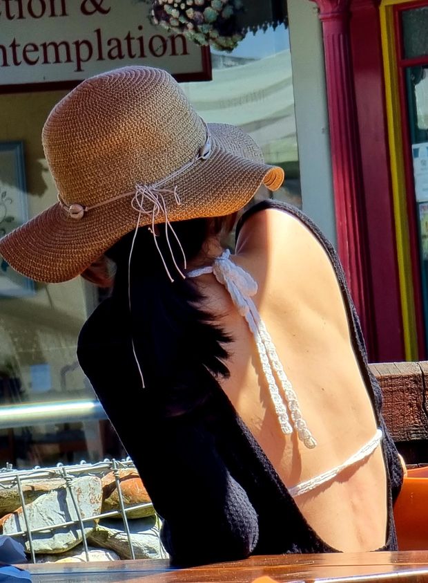 Asian + crocheted bra, in a small town in New Zealand