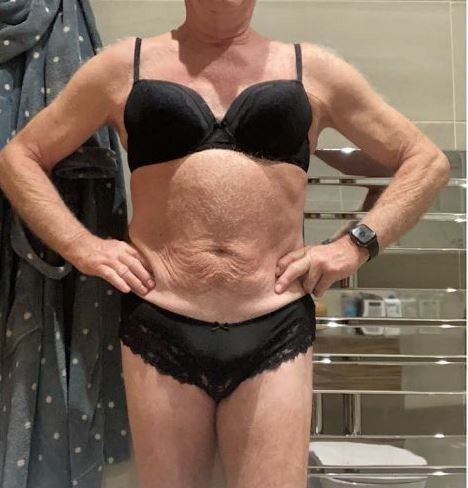 Cute grandpa wearing bra and pants