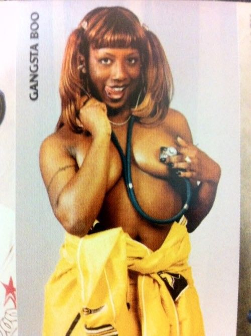 Gangsta Boo of Three Six Mafia on the cover of the “When the Smoke Clears” CD listening to her heartbeat with a stethoscope.