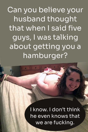 Your wife is enjoying a burger with friends.