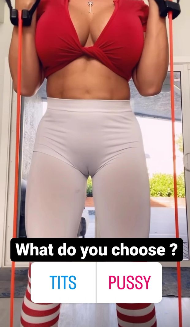 Awesome athletic girI with big tits and cameltoe wearing joga pant . What do you choose ? Tits or pussy ?