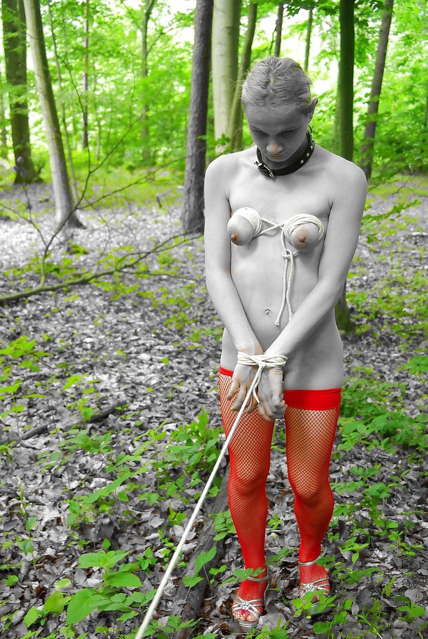Nature walk - rope, collar, stockings, tied tits (Katja Brüning)