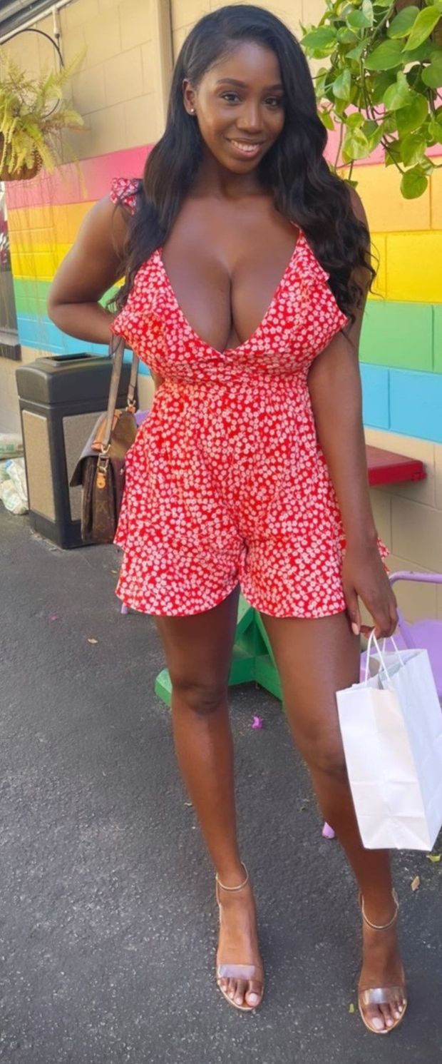 Ellie Mae full body shot red one piece