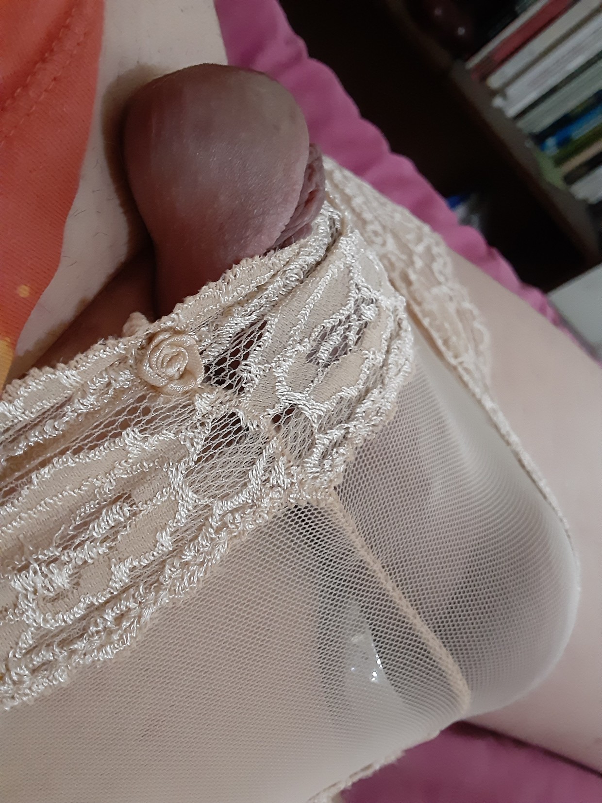 Engorged cocked peeks past the lace... you can actually SUCK my head NOW