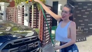 no bra washing the car outside