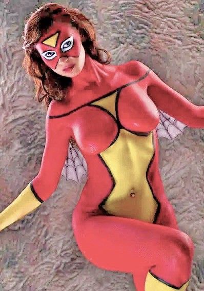 SpiderWoman is captured by a pair of large cocked men who make her their plaything
