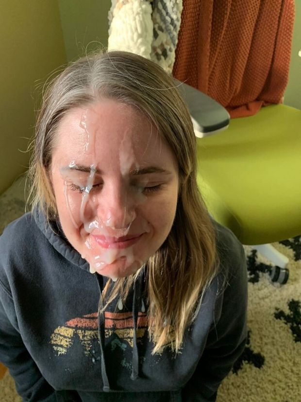 Amateur brunette absolutely covered in cum