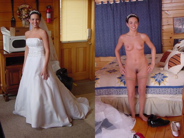 The nude bride's clothes come off in the bedroom after the wedding.