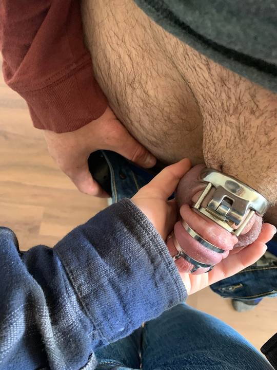 Sunday slut slave day, day 6 of my slave being in the cock cage. So swollen and pathetic