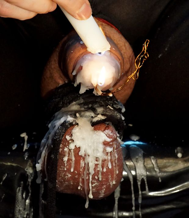 cock candle burning in peehole of waxed cock of webcam slave