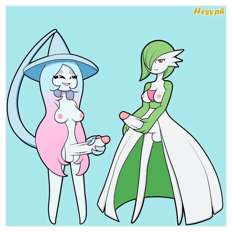 Hatterene and Gardevoir jerk off their own cocks