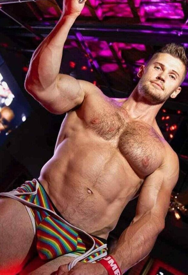 Shirtless Male Muscular Hairy Body Gay Club Beefcake Dancer Hunk