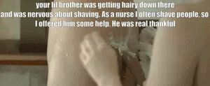 My girlfriend helping my little brother with his first shave