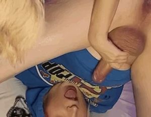 Slow motion of her milking him into his own mouth