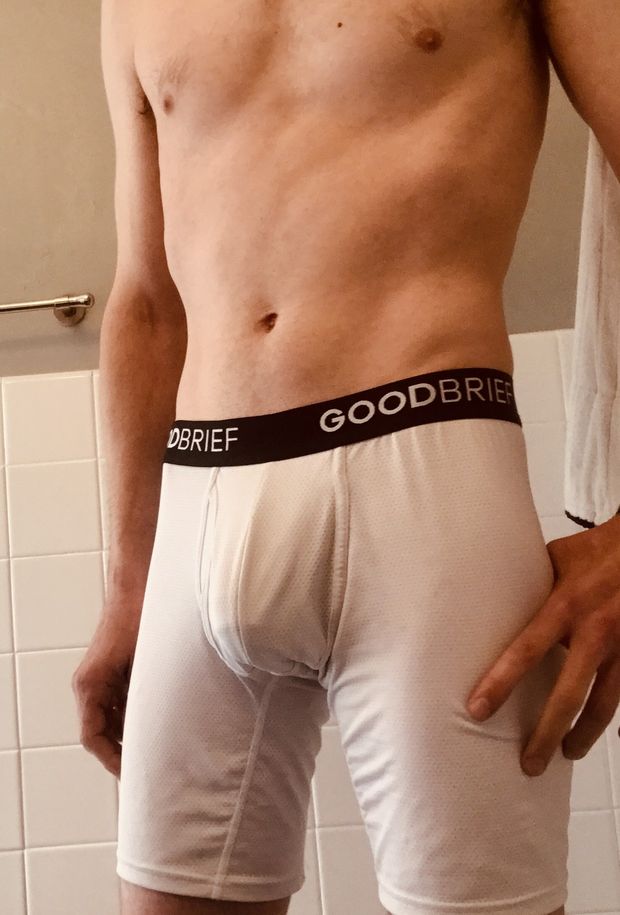 My cock bulge in some white boxers after my workout this morning