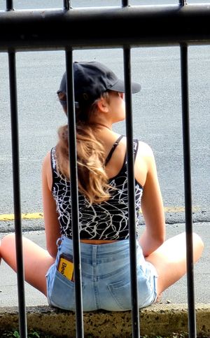 Crop top, cute teen, New Zealand (& another example of how clothed can be sexy {helped by those open legs of course - unseen promise...})