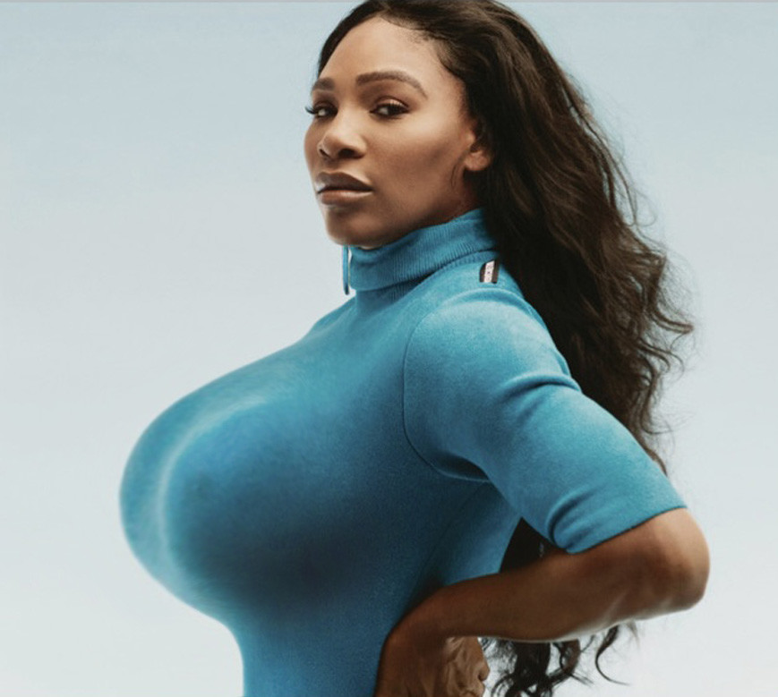 Ugly E thinks she already has a nice rack, but now Serena has big fuckin' bimbo tits!