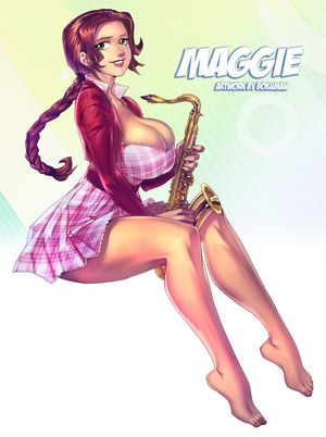 Busty redhead playing saxophone drawing