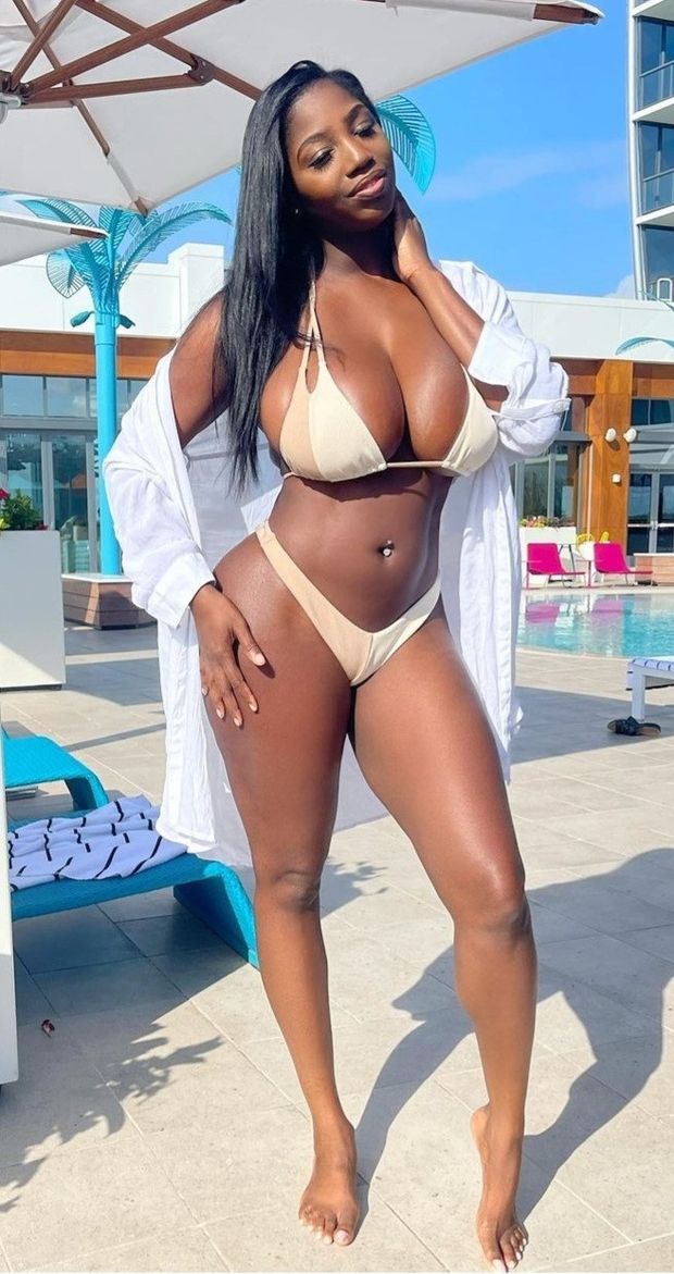 Ellie Mae full body shot beige bikini