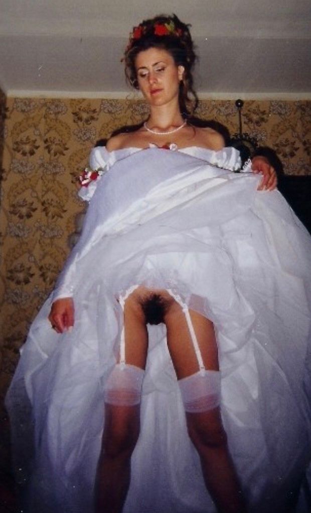 Bride shows her hairy pussy