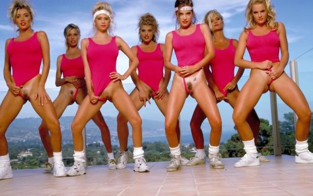 Multiple women in leotards flashing pussy