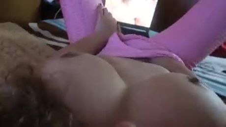 Busty chick in Pink tights watching porn & masturbating from her POV