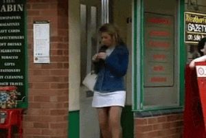 Corrie Leanne very short white skirt walk 2 pic (classic episode 2004)