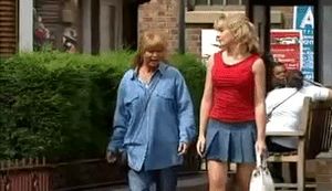 Corrie Leanne very short blue skirt walking (classic episode 2004)