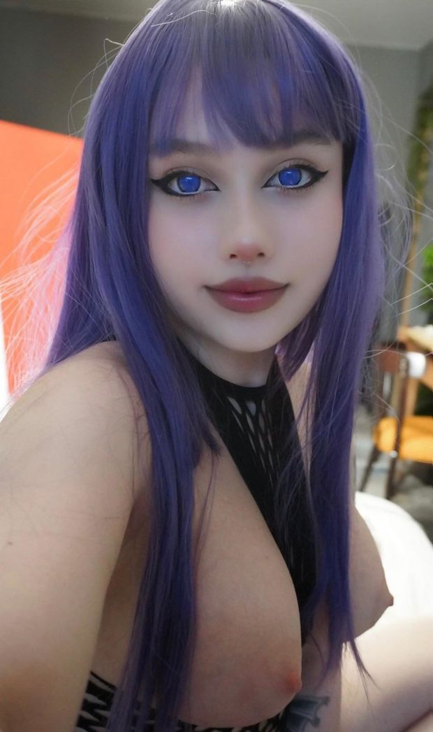 purple hair, blue eyes