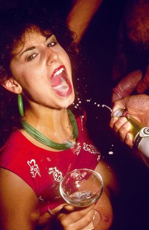 Sarah with Mouth Wide Open enjoying Cum Dessert and Champagne