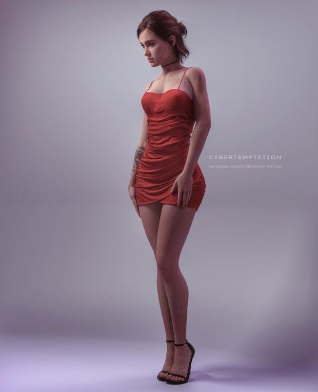 Ellie in a red dress and high heels