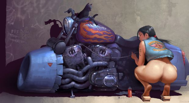 Fixing her ride.
