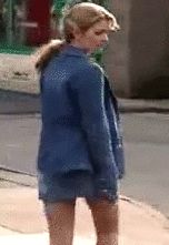 Jane Danson - sexy very short denim shorts walk off classic Coronation Street 2004