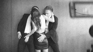 wife and husband take a guy they met at the party to have sex at home.