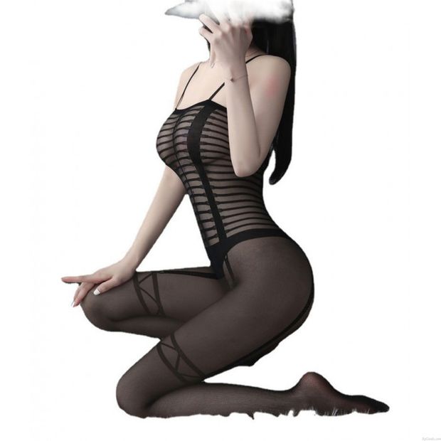 Sexy Lines Striped Mesh Suspenders Bodysuits For Women High Elasticity Exotic Lingerie Crotchless Tights Bodystockings