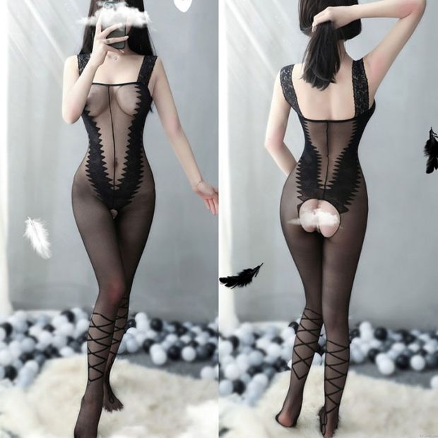Sexy diente de sierra malla fina transparente alta elasticidad tirantes exóticos lencería sin entrepierna monos medias de mujer