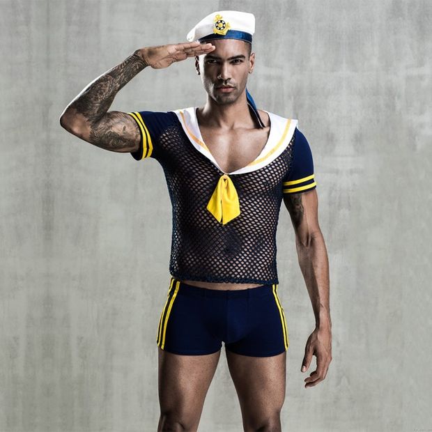 Sexy Navy Suit Discoteca Uniforme Jugando Marinero Cosplay Lencería Para Hombre Tops De Rejilla Cortos Con Sombreros Lencería De Hombre